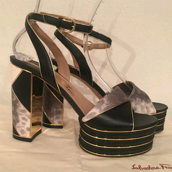 NIB Ferragamo Gaga Ankle Wrap Platforms Colorblock - Picture 2 of 5